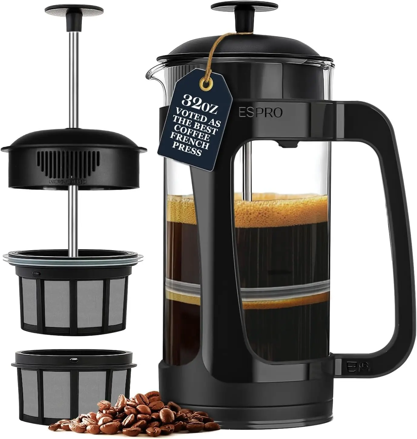 

Кофеварка French Press с двойным микрофильтром, без осадка, из термостойкого боросиликатного стекла, черная, 32 унции