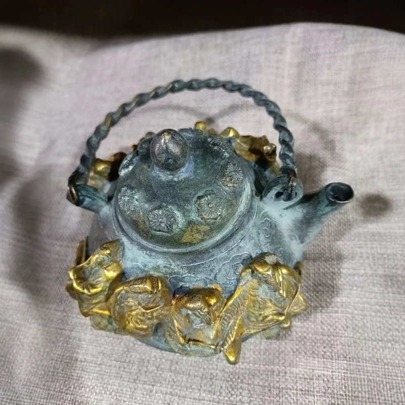 Antique Collection: Bronze Gilt Carved Eight Immortals Ornament, Made in Xuan De Era of the Ming Dynasty, Wine Pot and T