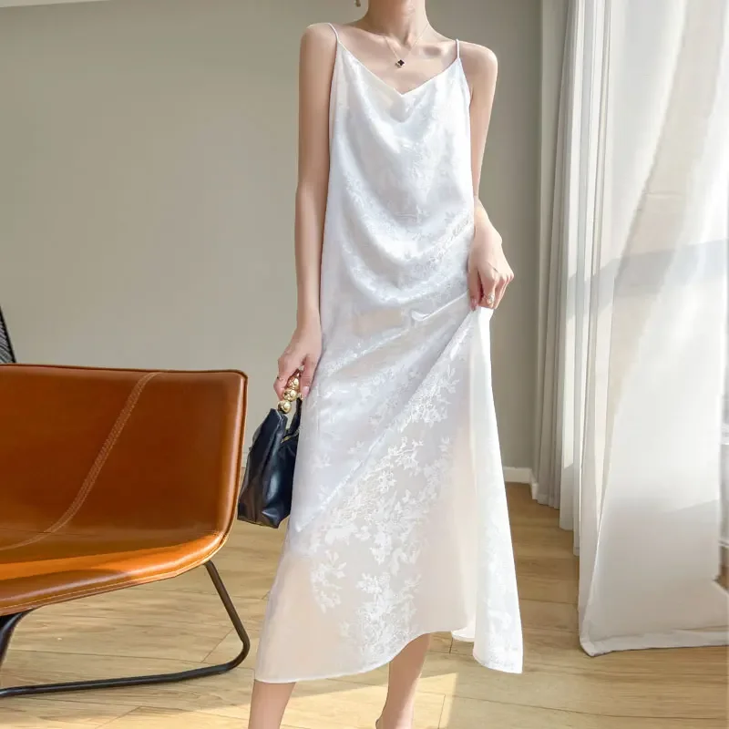 

Summer Jacquard V-neck Sling Dress Women's Acetic Satin Over-the-knee A-line Long Skinny Skirt