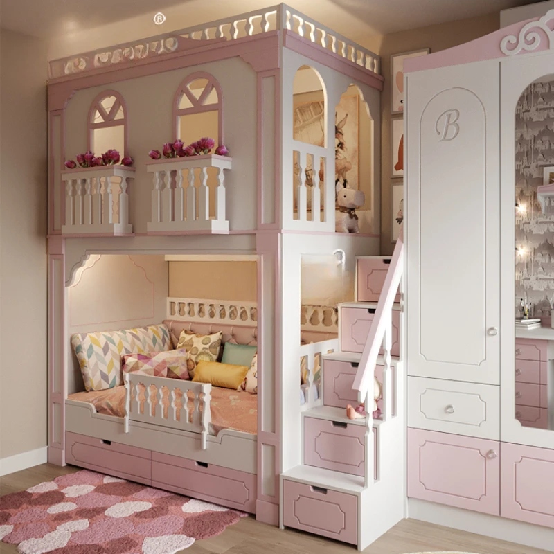 Solid Wood Children Bunk Bed Princess Height-Adjustable Bed Bunk Bed