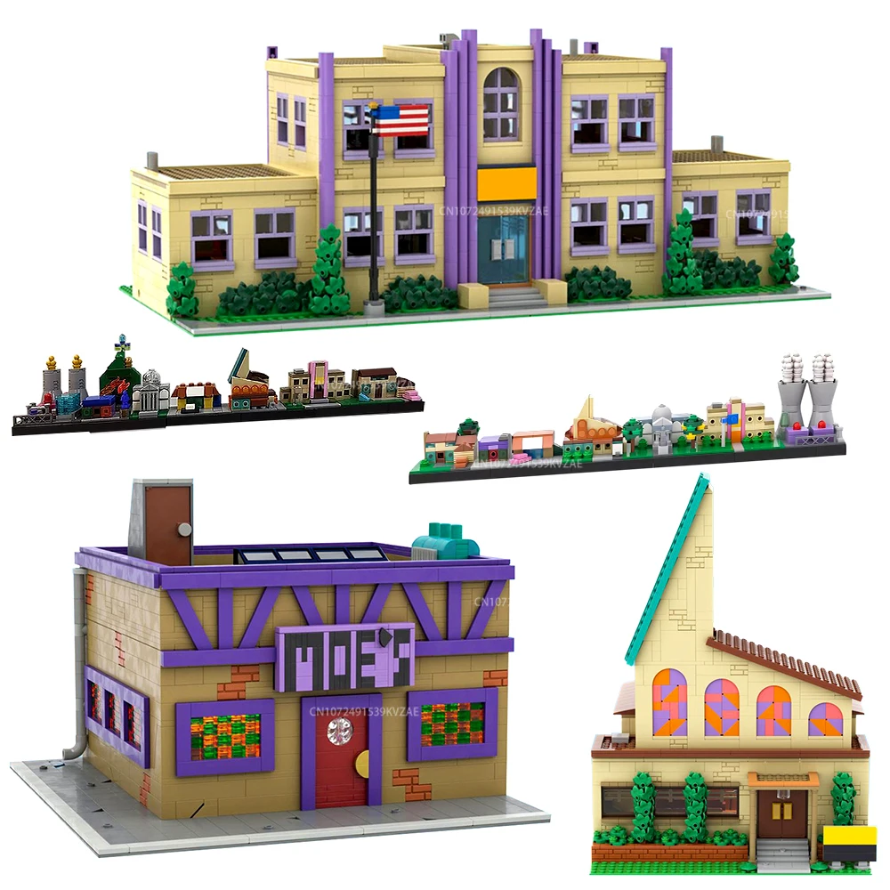 MOC Simpsoned Modular Moe's Tavern Building Blocks City House Springfield Elementary School Skyline Architecture Bricks Toys