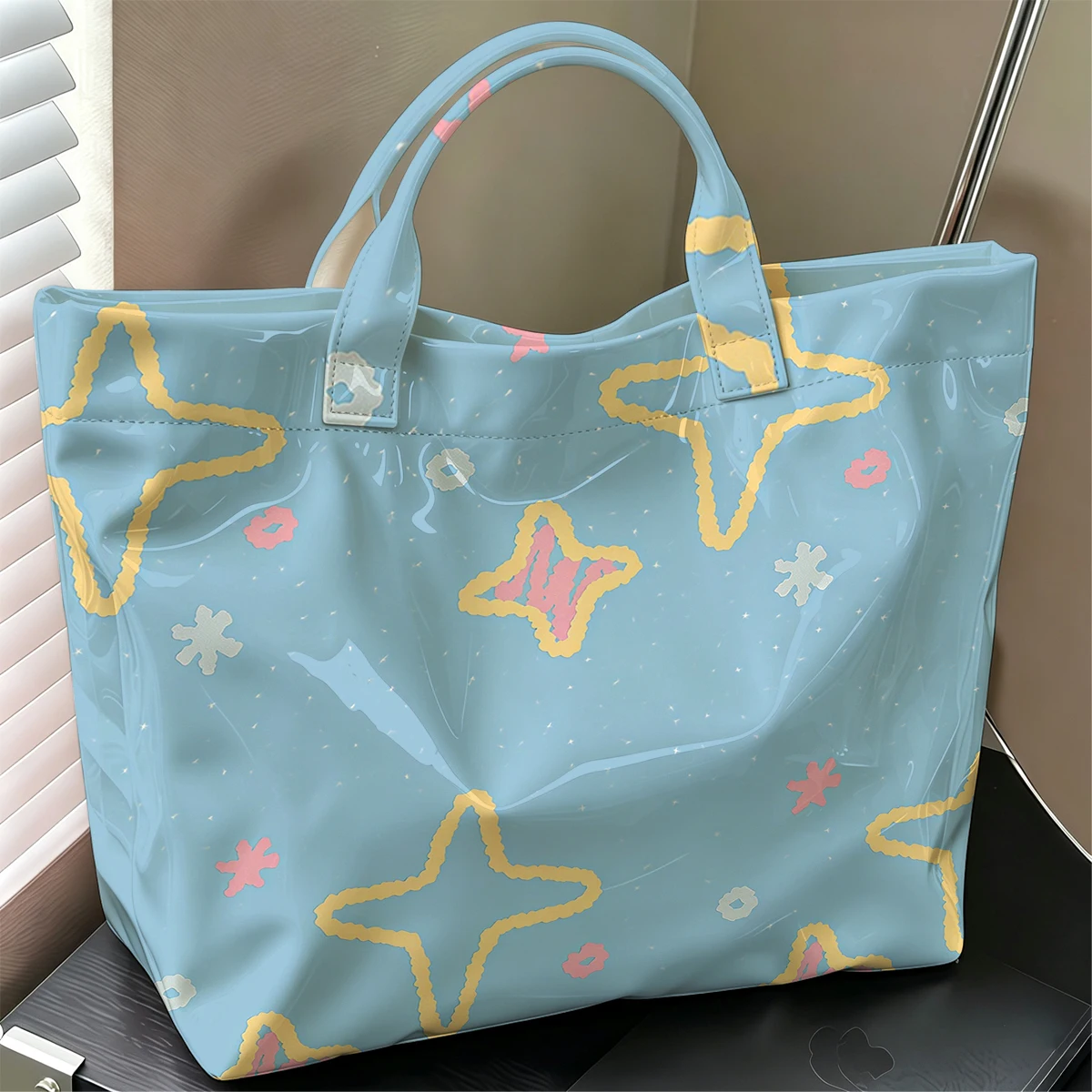 Blue Star Sky Fashion Large Glossy PVC Tote Bag Hand Washable Waterproof Perfect Travel Commute Cosmetic Storage Shopper