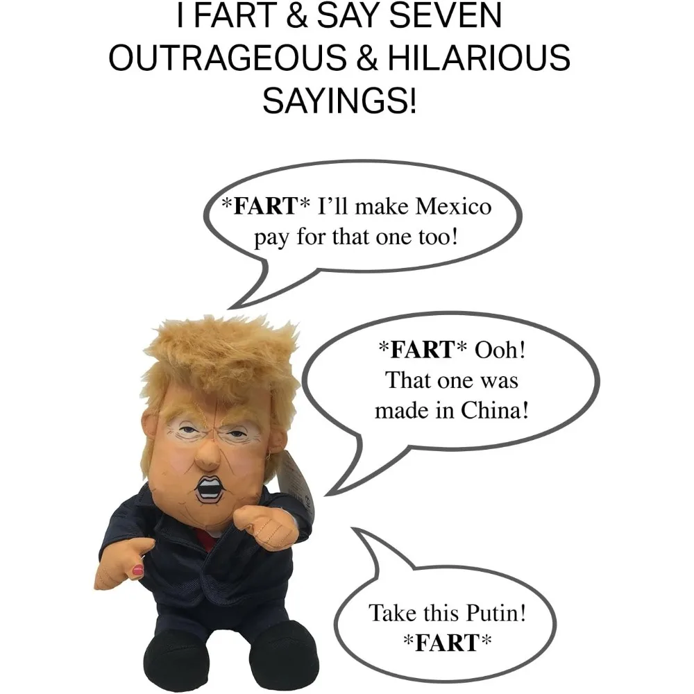 Pull My Finger and Fart. Donald Trump Plush Toy with Animated Hair, 10.5 Inches Tall