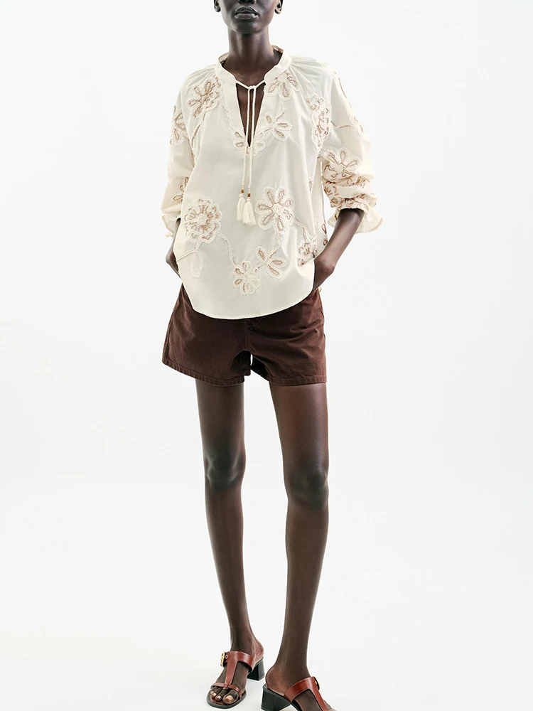 Новинка 2025, летняя женская модная повседневная длинная вишитая текстура с v-образным вырезом, удобная посадка Ele Sle 874088 72