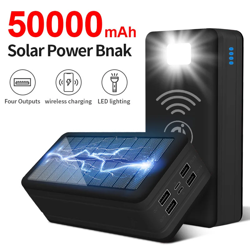 50,000mah Solar Wireless Charging Treasure Large Capacity Outdoor Mobile Power Plant with Camping Lights