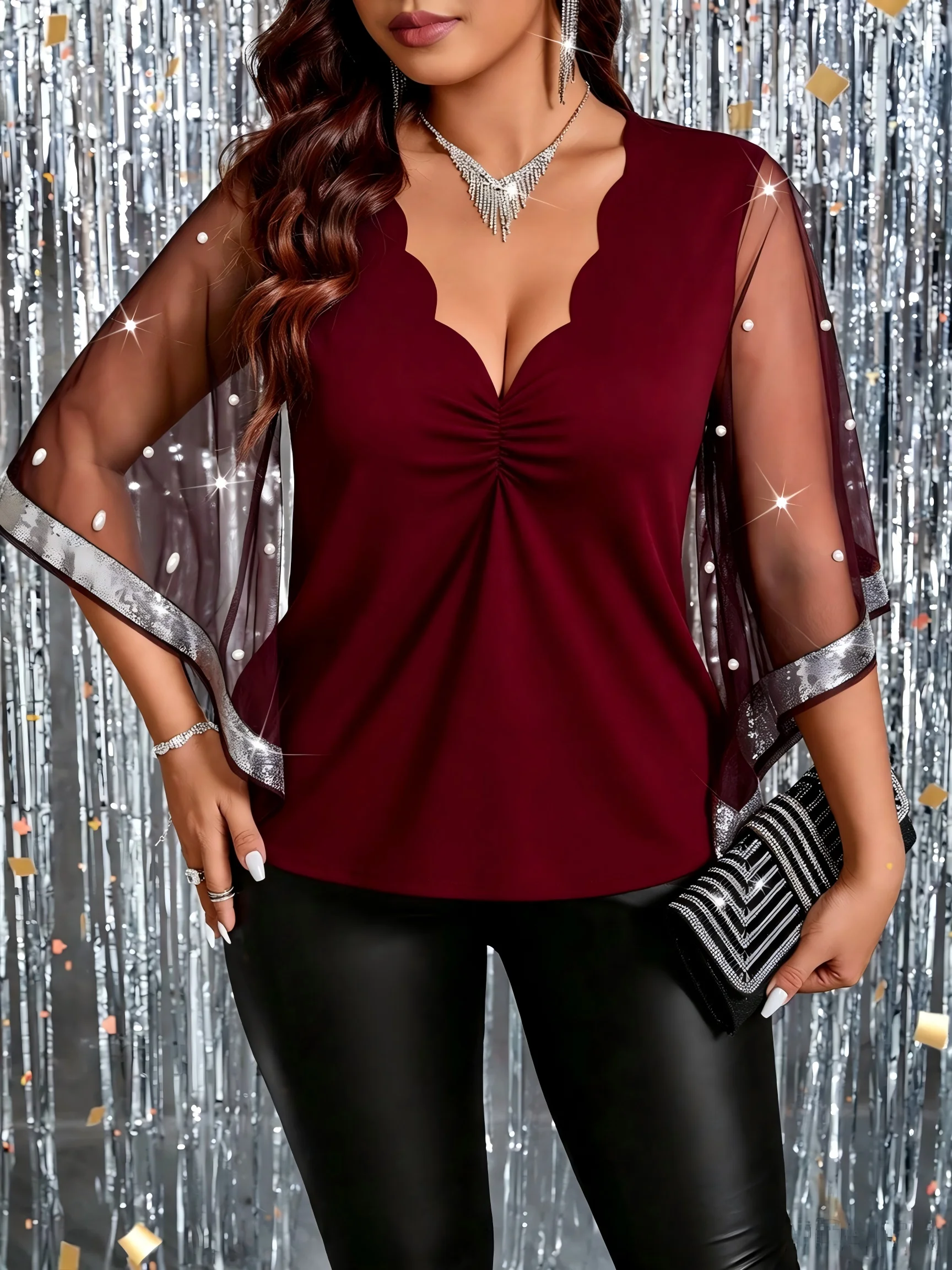 Plus Size Women Party Blouse Scallop V‑Neck Mesh Bell Sleeve Pearl Beaded Glitter Trim Burgundy Evening Clubwear Top