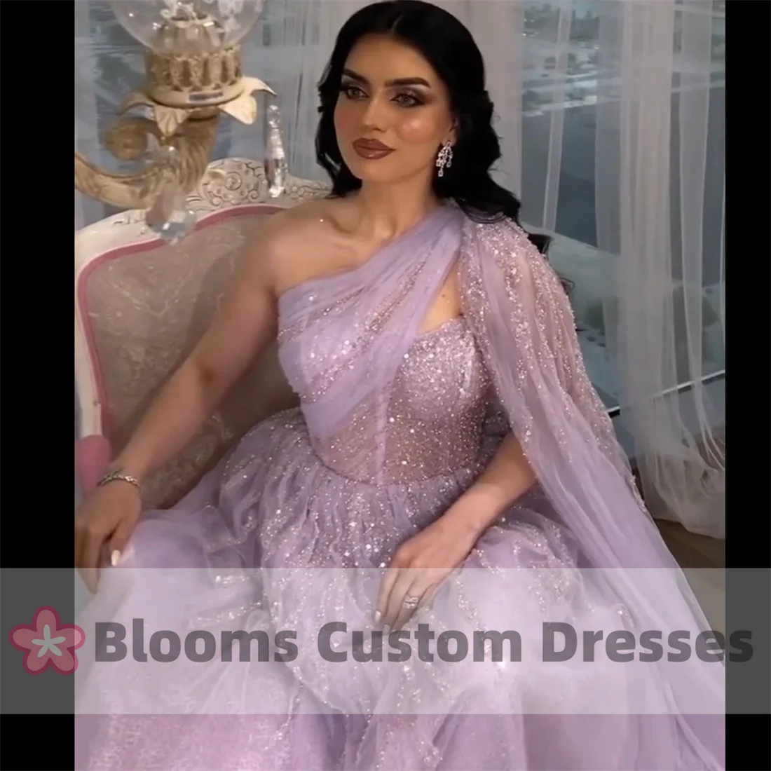 Customized Gorgeous One-Shoulder Lilac Tulle Evening Dress Sequins Cape A-Line Saudi luxury Evening Dresses Wedding Party Gown