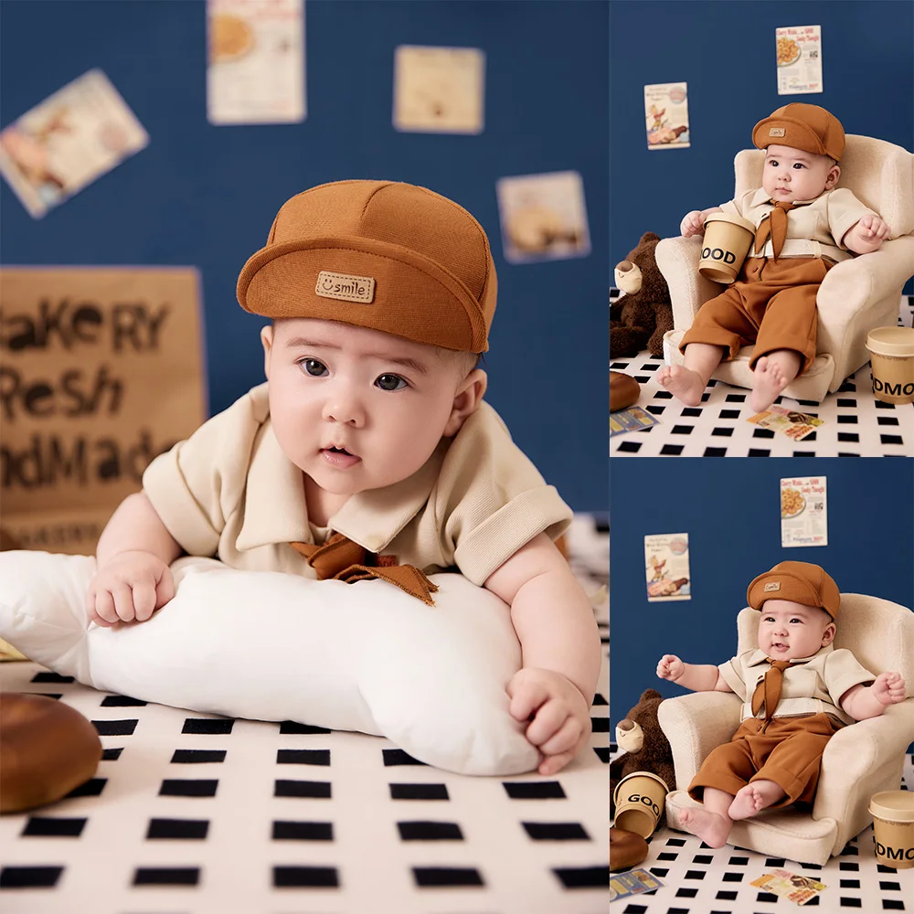 100 Days Baby Milestone Photography Props Cute Baseball Boy Costume Set Bear Doll Simulation Bread Props for Studio Toddle Photo