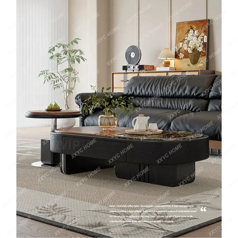 XX Mid Century Modern Oval Coffee Table with Natural Luxury Stone Glitter Galaxy Design Living Room Storage Small Side Table Se