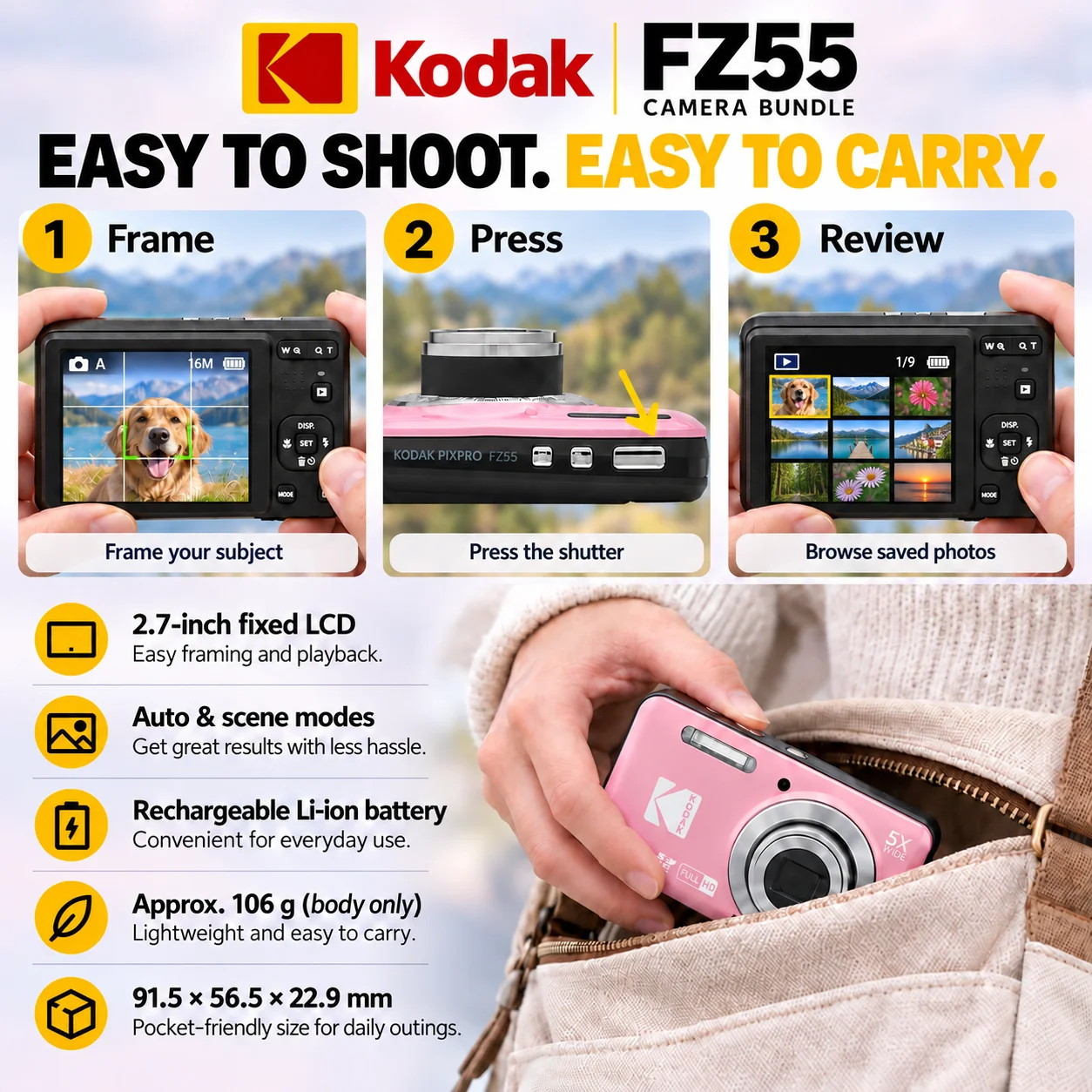 KODAK PIXPRO FZ55 Digital Camera 16MP 5X Optical Zoom 28mm Wide 1080P HD Video 2.7 LCD Vlogging Camera Travel Daily Shooting