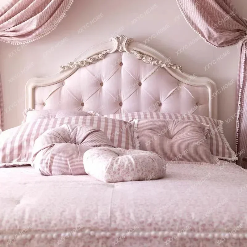 AASolid Wood Princess Pink Double Bed Soft Upholstery Light Luxury Carved Button Headboard Cabinet