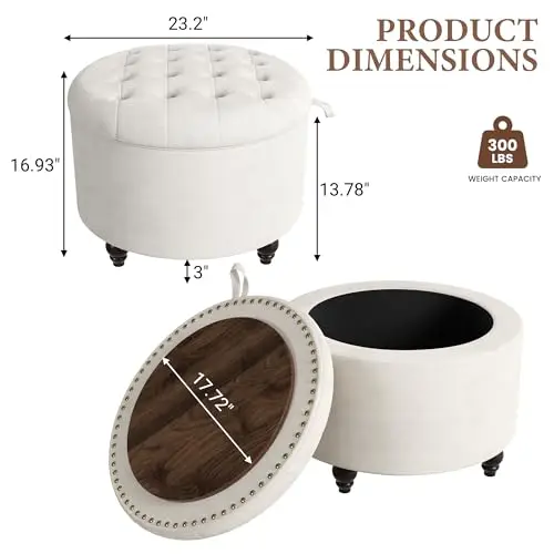24 Inch Round Storage Ottoman,Modern Tufted Ottomans,Circular Coffee Table with Removable Top,Upholstered Large Ottoman