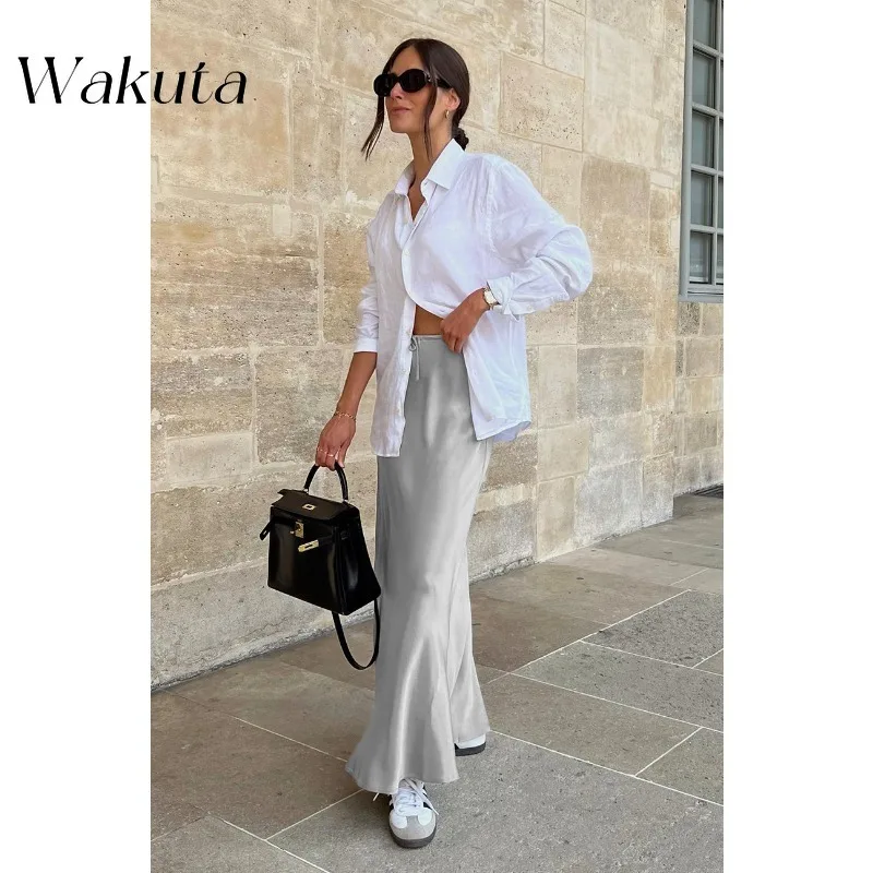 WAKUTA 2024 Fall French High Waist Tie Commuter Maxi Y2K Skirt Temperament Slim Versatile Fishtail Long Vestido Elegante Mujer