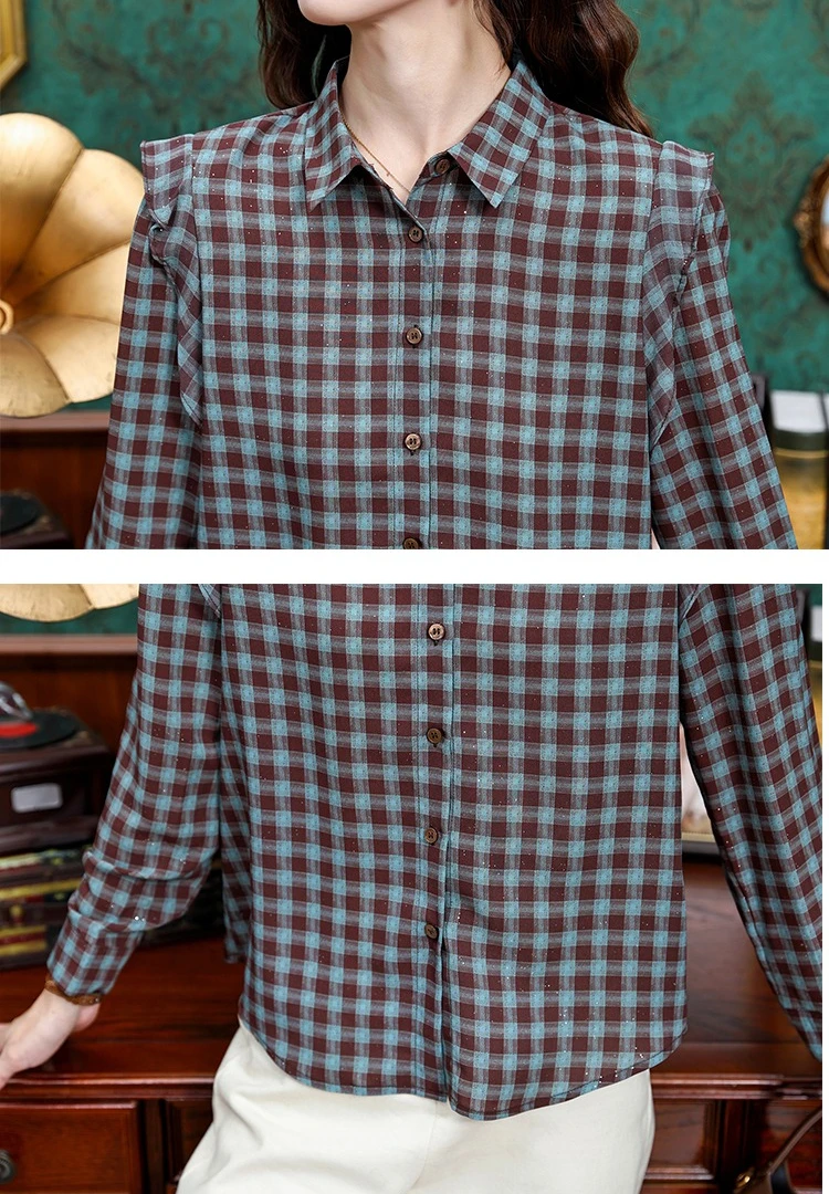 Vintage damesblouses Casual geruit overhemd Mode losse lente/zomer Koreaanse kleding Damestops met lange mouwen