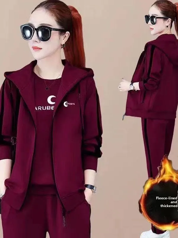 Women's Autumn Winter Thickened Fleece Lined Casual Sportswear Set Three Pieces Mom Style Sweatshirt High Waist Pants Hoodie