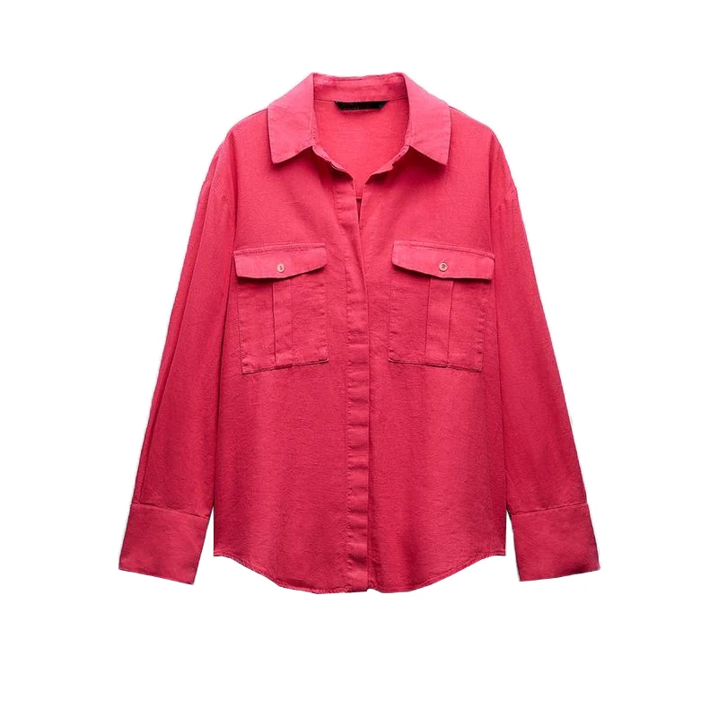 Retro Sle Casual Loose Long Sve Collared ket Detail Linen irt Spring Summer New Arrival Women's Busin Casual irt