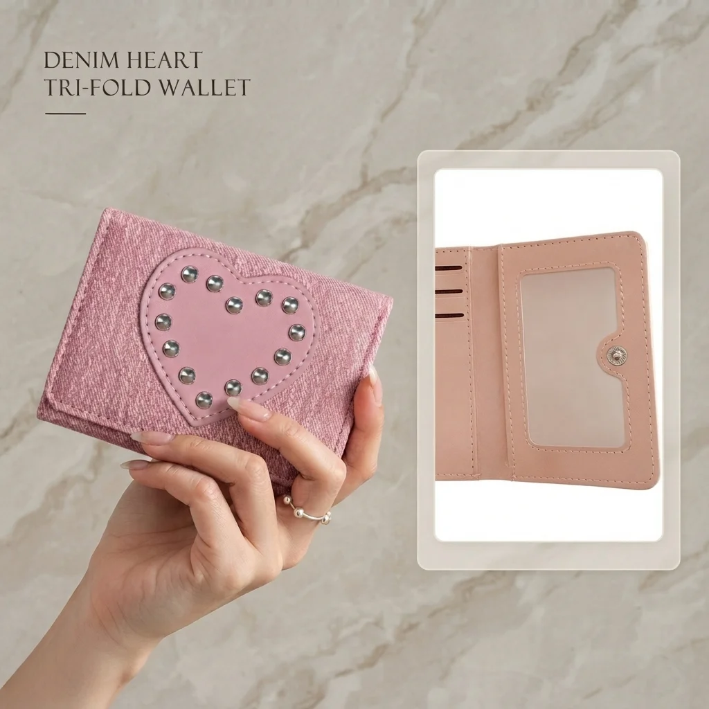 Vintage Y2K Rivet Heart Short Wallet Women Trifold Purse Card Holder Aesthetic Multi-Functional Portable Coin Organizer Handbag