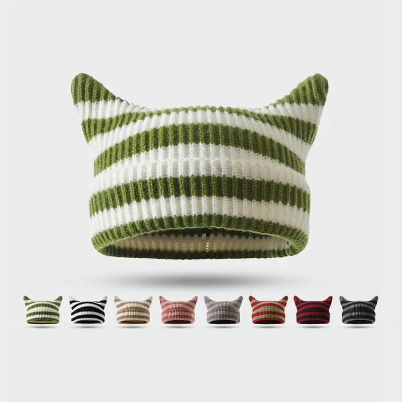 Cute Cat Ears Beanie Hat Autumn Winter Women Warm Ear Protection Sweet Pullover Knitted Beanie