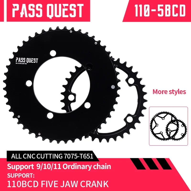 PASS QUEST 110BCD 5-Bolt Double Chainring AERO Chainring 2X for Road Bike Gravel Bike 9/10/11 Speed Power Meter