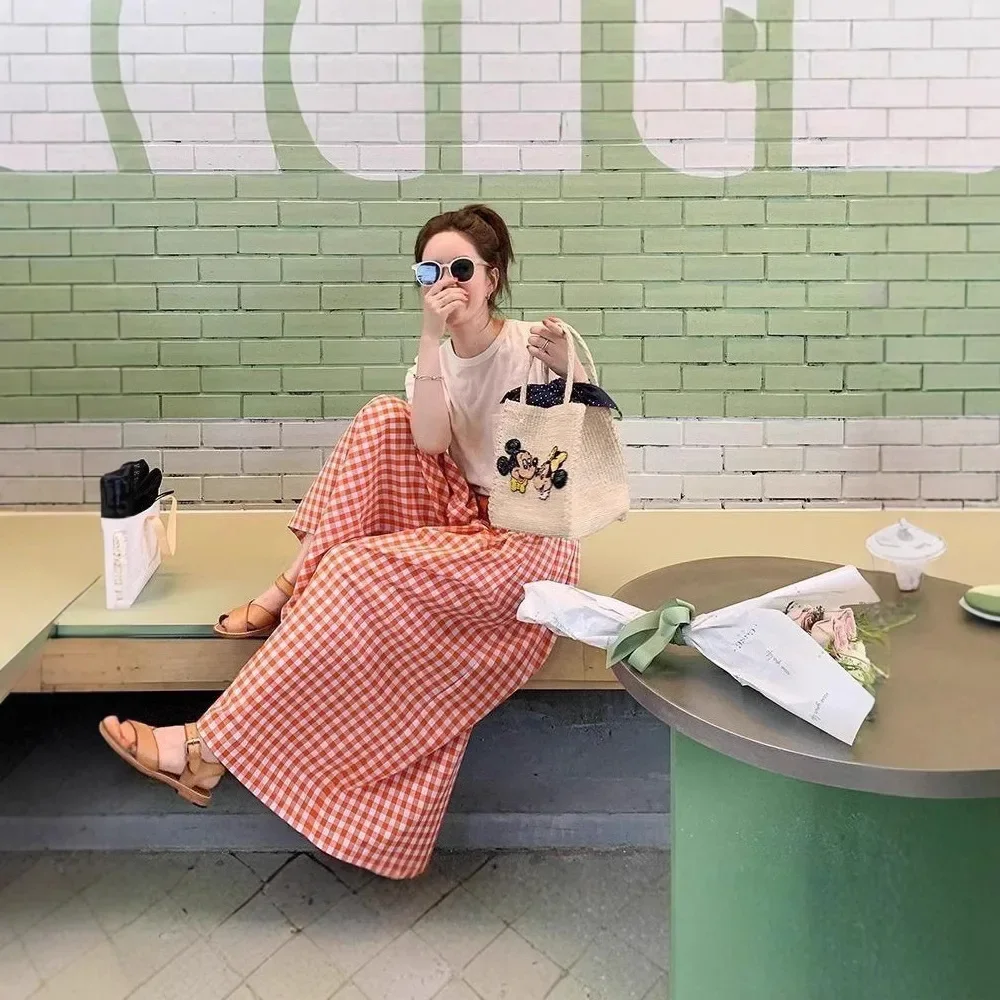 Pop ฤดูร้อนใหม่ลายสก๊อตกางเกงขากว้าง Elastic High เอวกระชับสัดส่วน Casual หลวมกางเกงผู้หญิงกางเกงยาวอเนกประสงค์หญิง