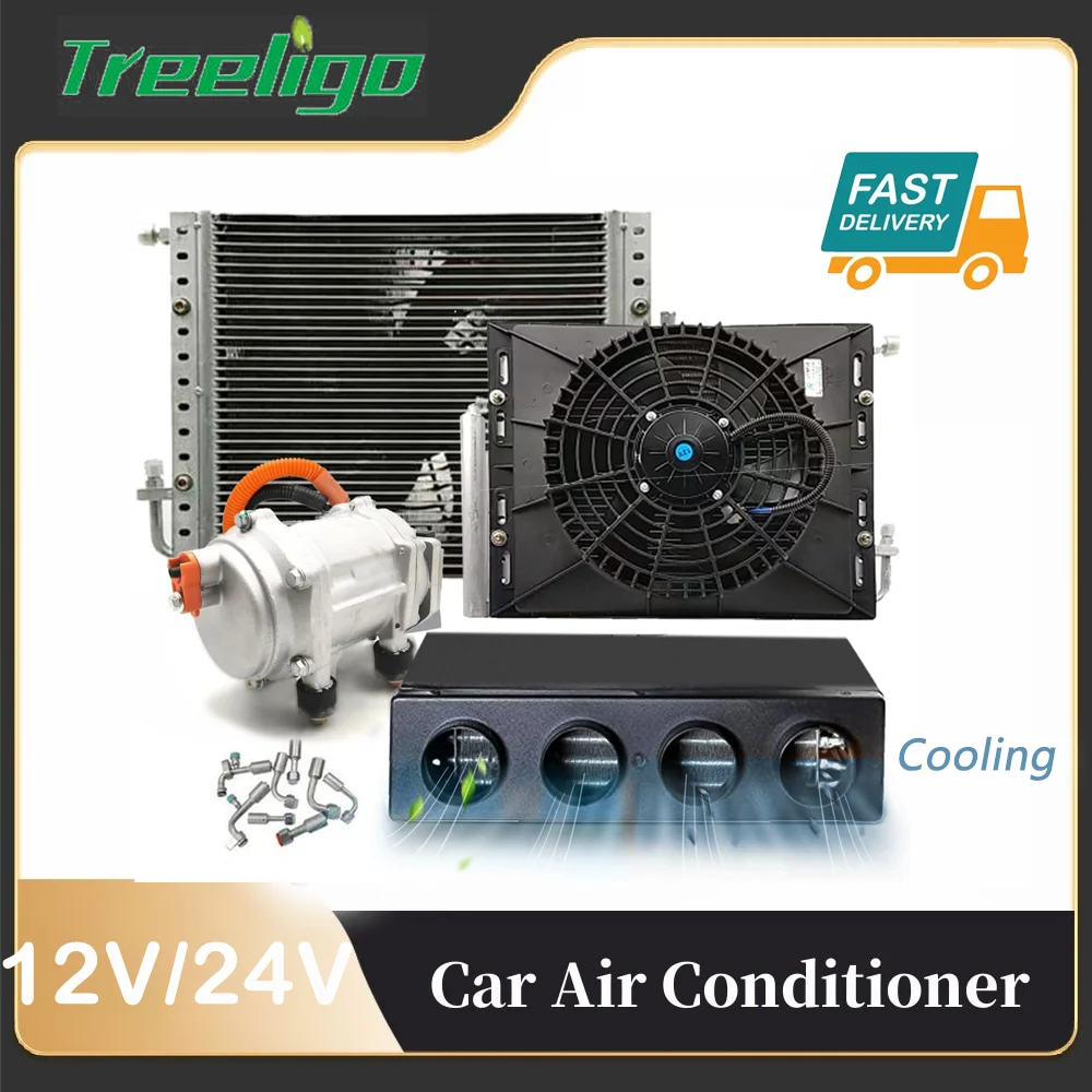 Treeligo 12V/24V Electric Automotive Coling Air Conditioner Universal Underdash AC Unit For Car Tractor Truck Camper Van Caravan