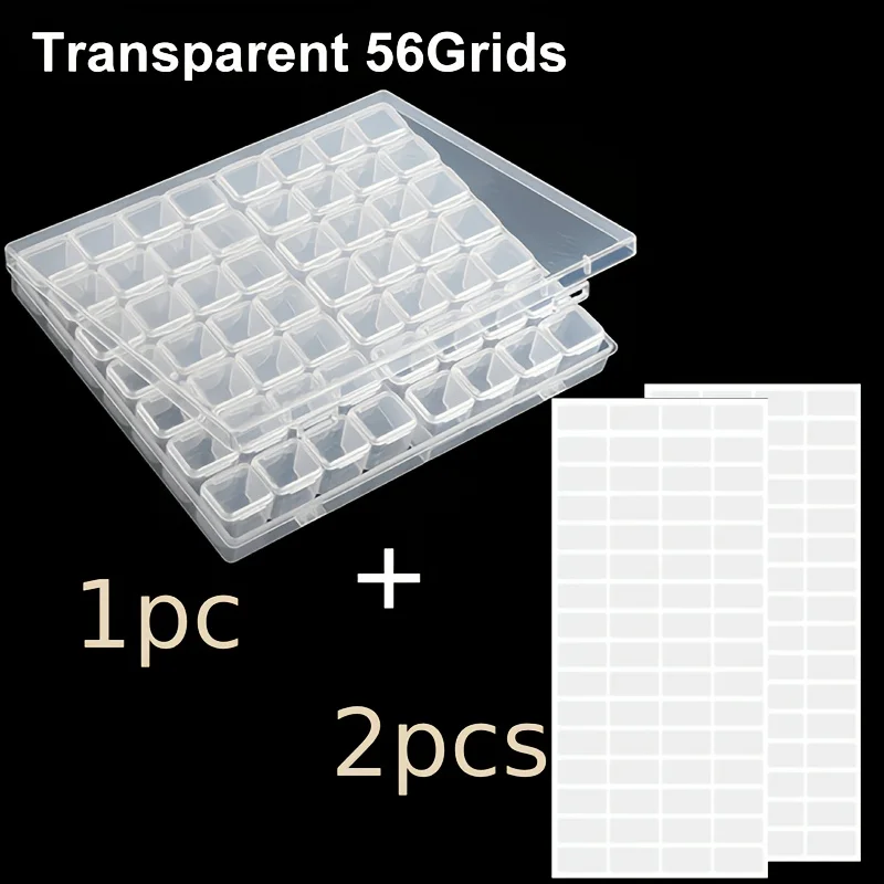 56-Grid Transparent Diamond Painting Bead Storage Box Stackable Container with 2 Sticker Sheets for Jewelry Organization