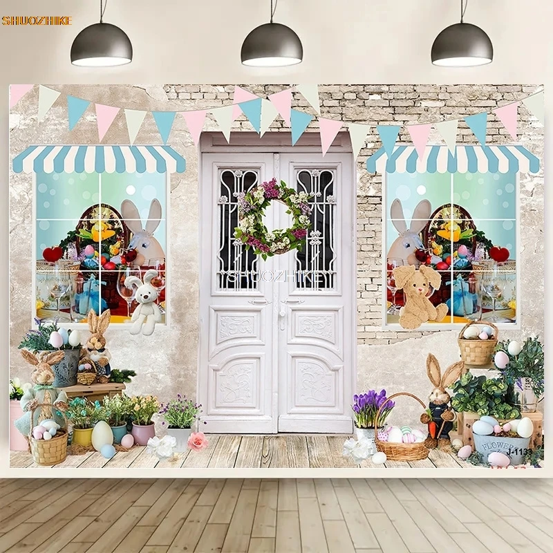 

SHUOZHIKE Green Spring Easter Day Photography Backdrops Props Hare Rabbits Colorful Eggs Wood Photo Studio Background VV-13