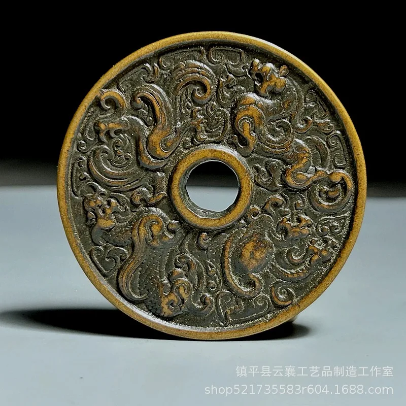 Ancient coins with the four mythical beasts, round-hole coins with aged patina, brass coins featuring Zhuque, Qinglong, Xuanwu,