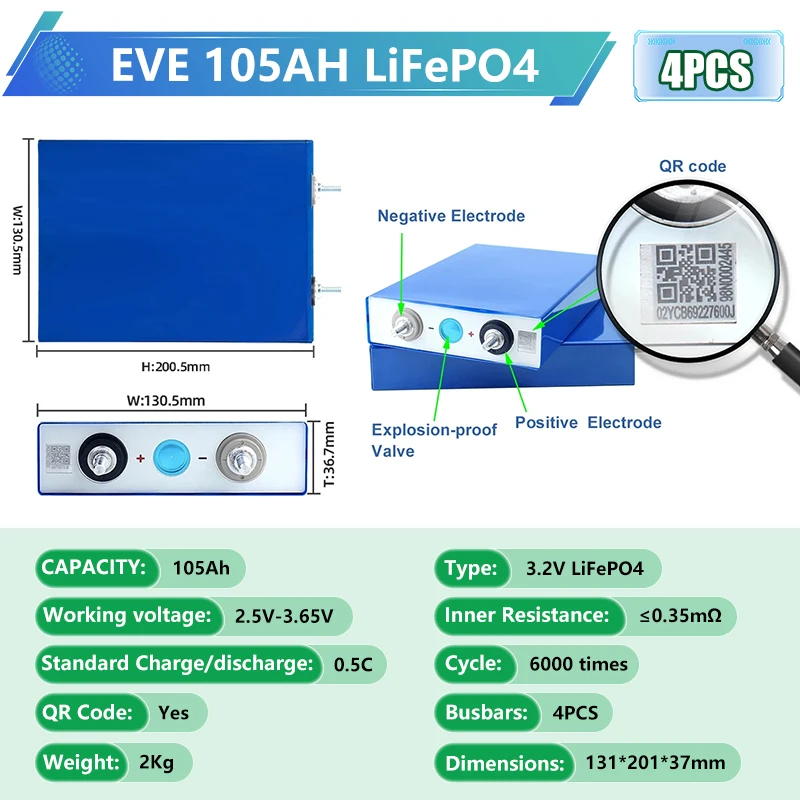 LiFePO4 3.2V 105AH EVE Battery Cell Grade A 280Ah CALB 314Ah With Free Busbar For DIY 12V 24V 48V Lithium Battery Pack UA NO TAX