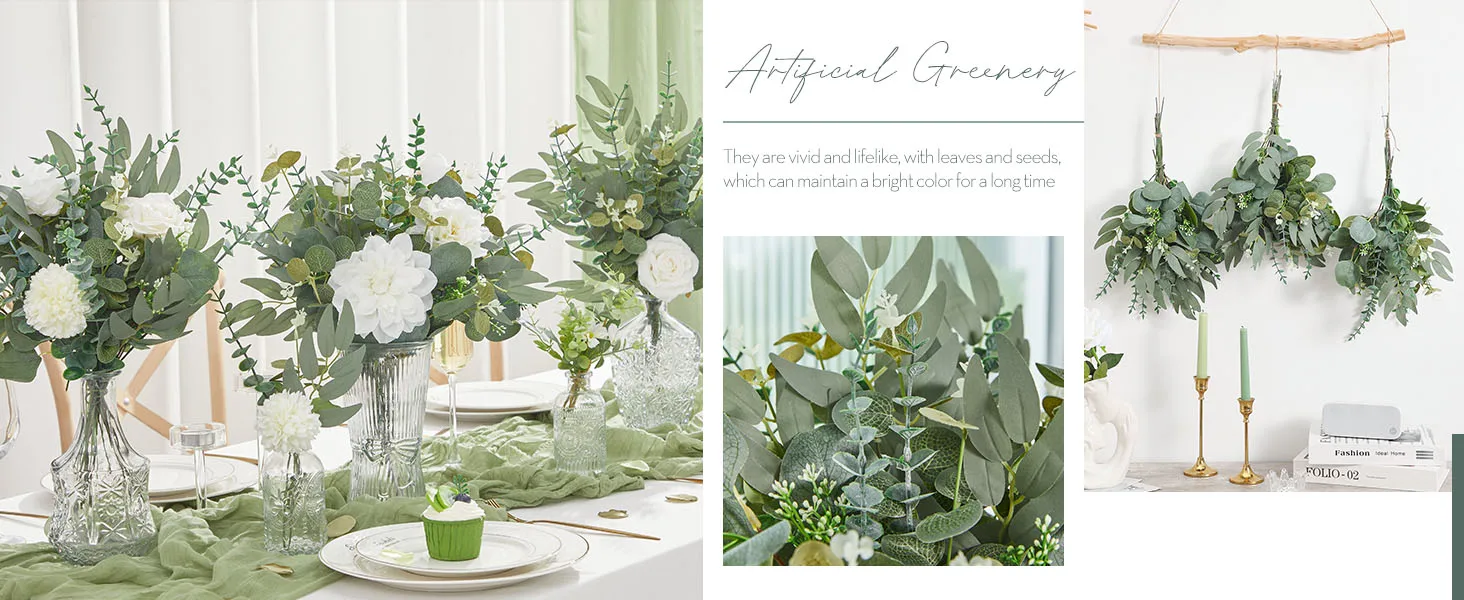 20 Stück Künstliche Gemischte Eukalyptusblätter-Stiele, Silberdollar-Blätter für DIY-Blumensträuße, Blumenarrangements, Heimdekoration, Hochzeit – Detail 2