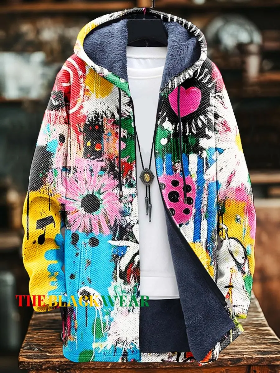Unisex Vintage Abstract Geometric Art Print Plush Thick Long-Sleeved Cardigan Coat Men's Thick Warm Jacket