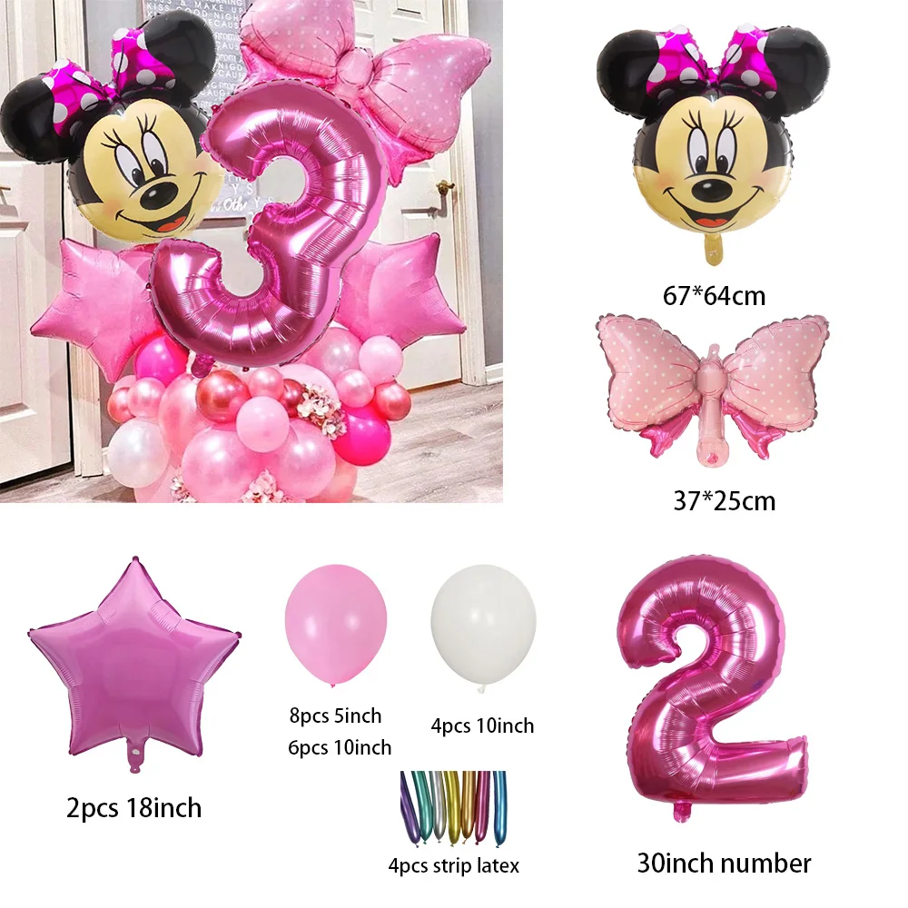 1Set Disney Minnie Mouse Head Foil Balloon 30inch Pink Number Helium Globos Kids Birthday Party Decor Baby Shower Air Balls
