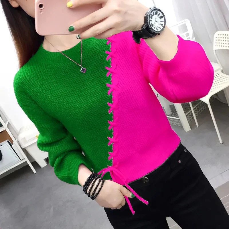 Autumn Winter Women Sweaters Pullover New Korean Long Sleeve Lace Up Spliced Round Neck Contrast Color Knit Sweaters Female Tops