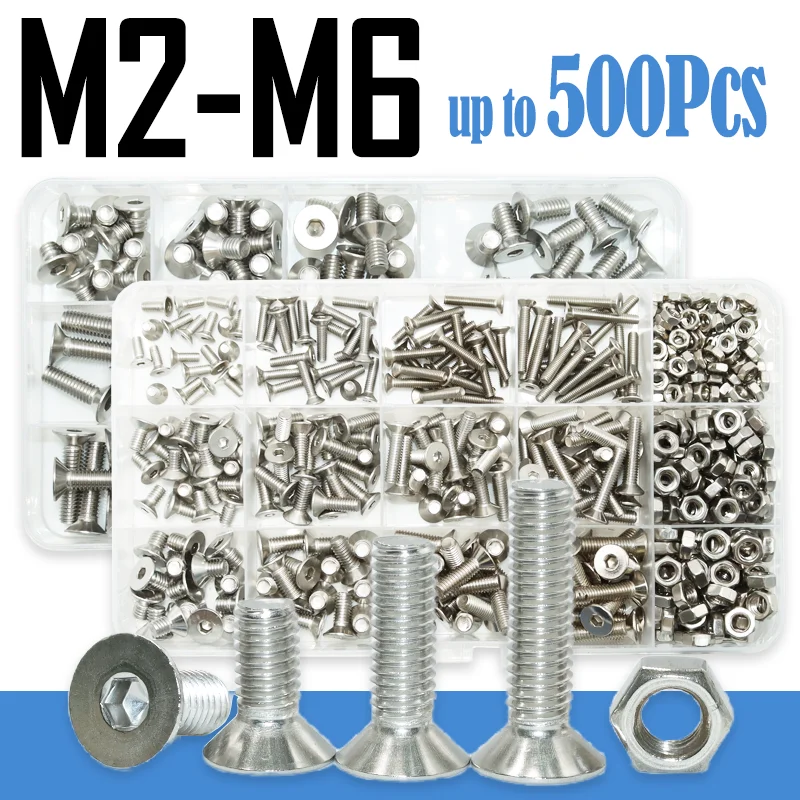 

Flat Hex Screw and Nut Set 304 Stainless Steel Hexagonal Allen Bolt M2 M2.5 M3 M4 M5 M6 Countersunk Motor Faring Bolt Screws Nut