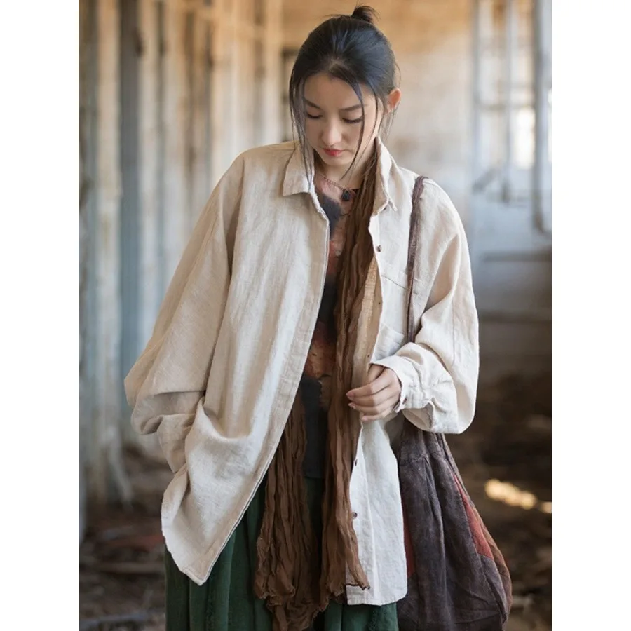 Loose Fit Korean Sle plus Size Women's Cotton Linen Long Sve irt Spring Autumn New Arrival Outerwear Batwing Sve