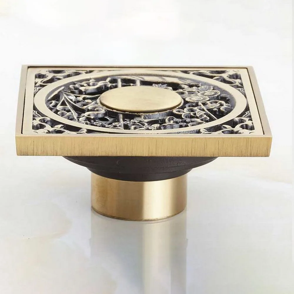 Shower Drains Square 10*10cm Bath Drains Strainer Antique Brass Art Carved Bathroom Floor Drain Waste Grate Drain Khr021