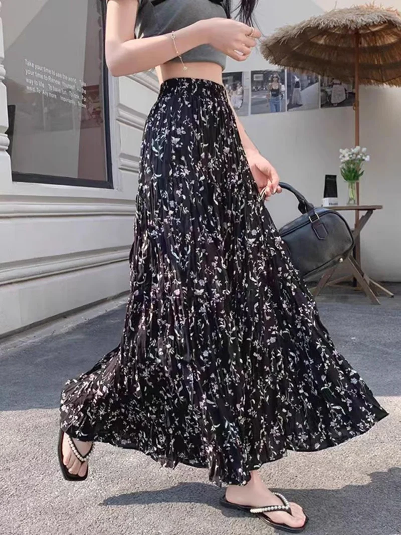 French Pleated Floral Midi Skirt For Women Summer 2025 Fashion Thin And Stylish A-Line Long Skirt w1967