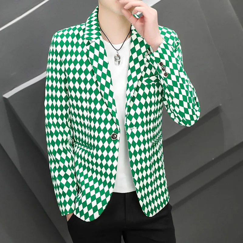 New 2024 Spring Autumn Casual Men's Slim Fit Plaid Suits & Blazers Coat Single Botton Small Suit Outwear Top Checker Thin Jacket