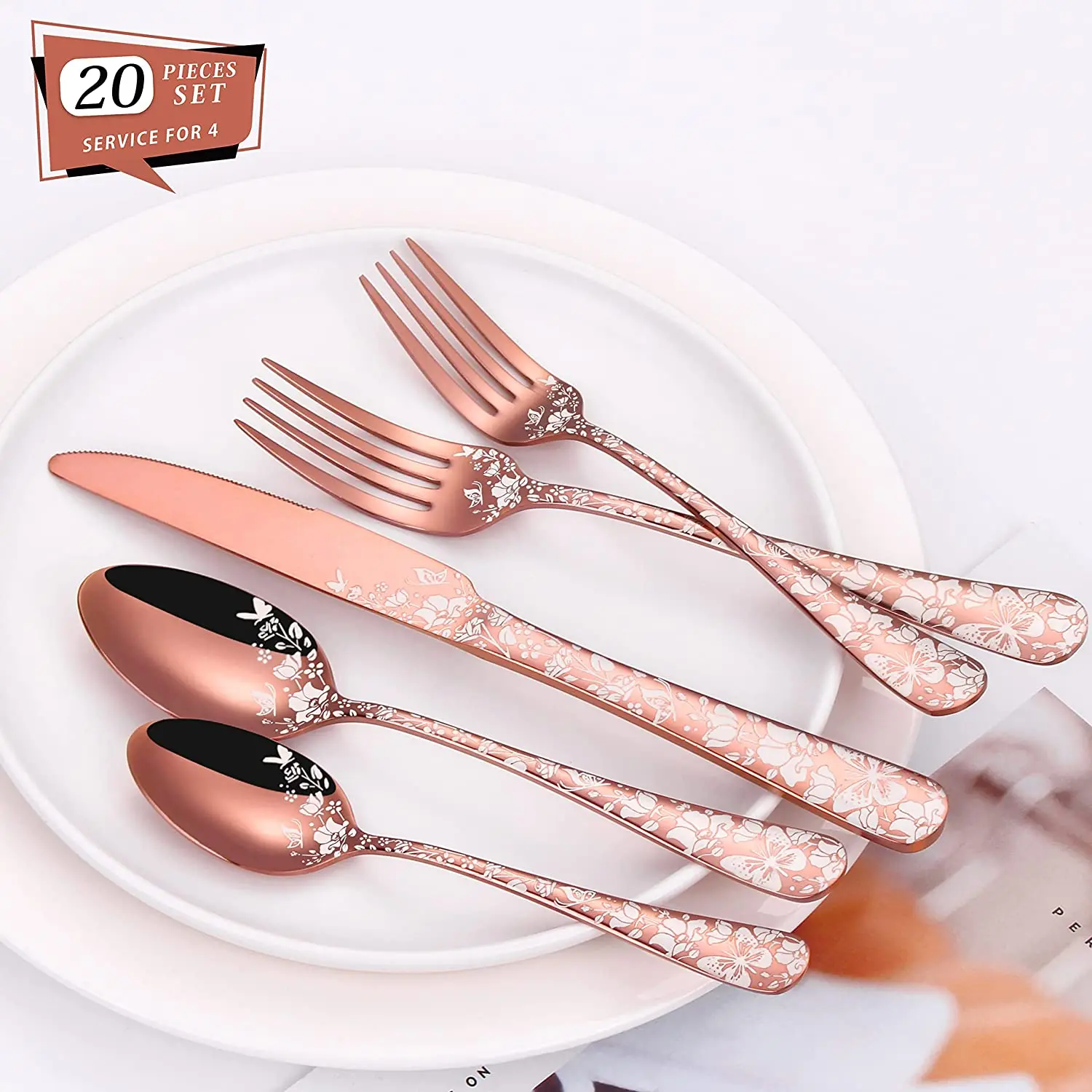 20-Piece Copper Silverware Set, Stainless Steel Flatware Cutlery Set for 4, Unique Tableware Utensil Sets Fork Spoon Knife Set