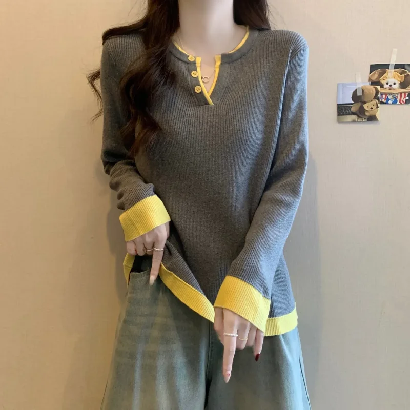 

Трикотажная базовая рубашка с v-образным вырезом и длинными рукавами, женская футболка контрастного цвета, искусственный топ из двух частей