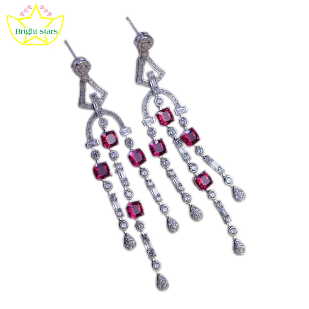 Bright Star Fashion S925 sterling silver full diamond tassel nurturing ruby earrings for women stud earrings