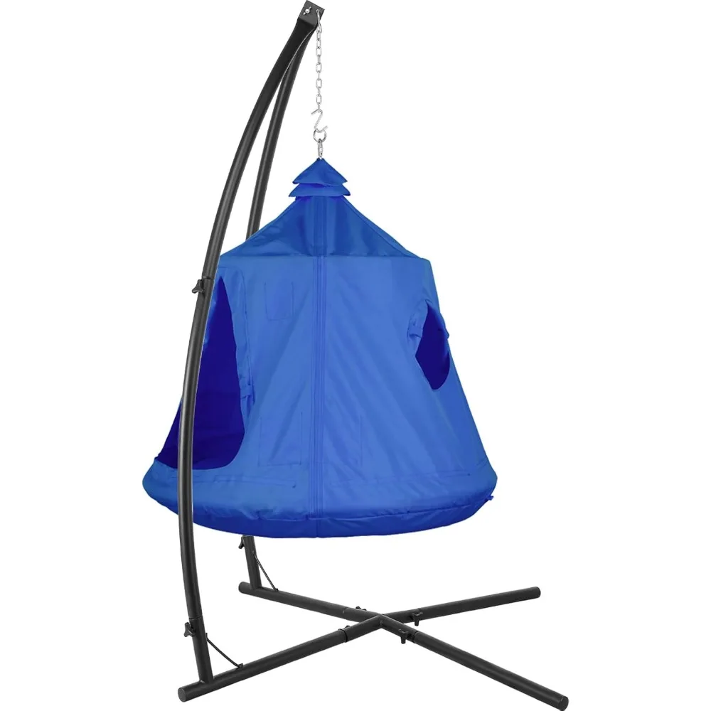 X-Shaped Hanging Tree Tent w/Swing Chair,Hammock Chair Stand Canopy w/Steel Frame,Egg Basket Patio Seat w/Adjustable Solid Stand