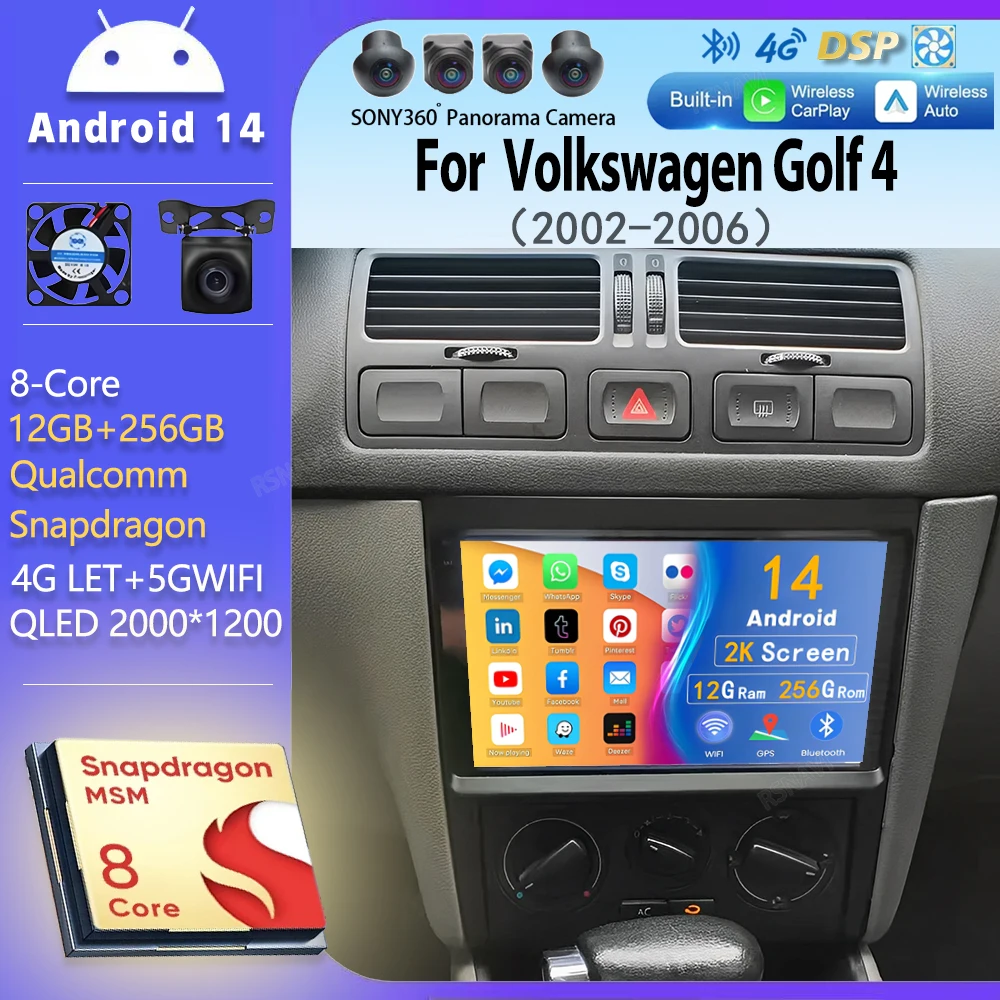 Android 14 Multimedia Player For Volkswagen VW Golf 4 IV Jetta MK4 Classics 2002 - 2006 Carplay Auto Car Radio Wifi 4G GPS DVD