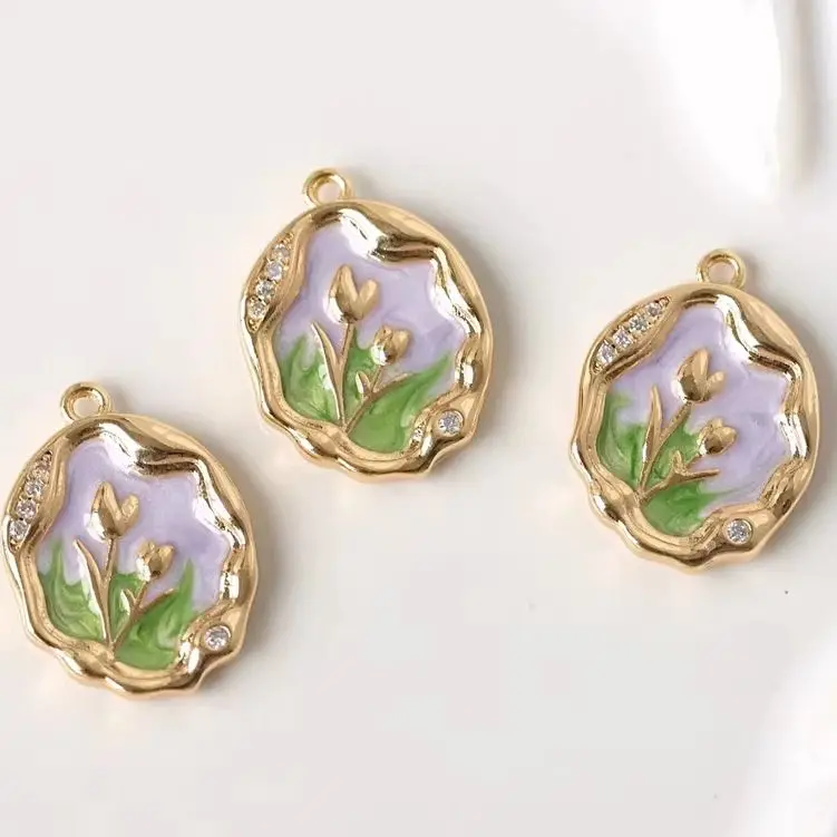 

Copper Plated Tulip Pendant, Real Gold, Hand Painted, Green and Purple, DIY Handmade Accessory, 14x19mm, 2Pcs