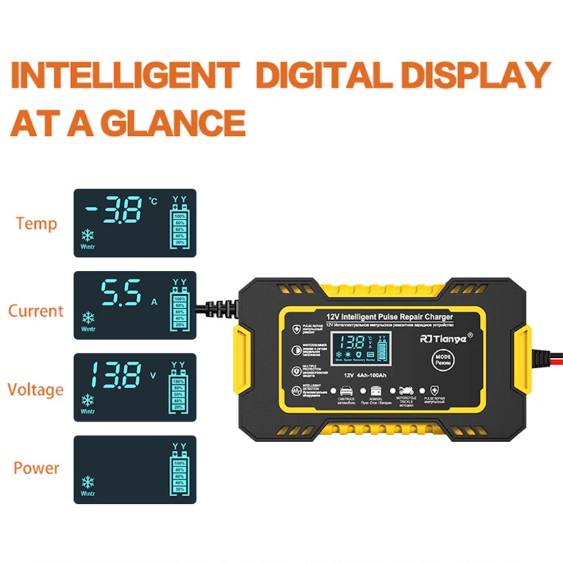 Full Automatic Car Battery Charger 12V Digital Display Battery Charger Power Puls Repair Chargers Wet Dry Lead Acid