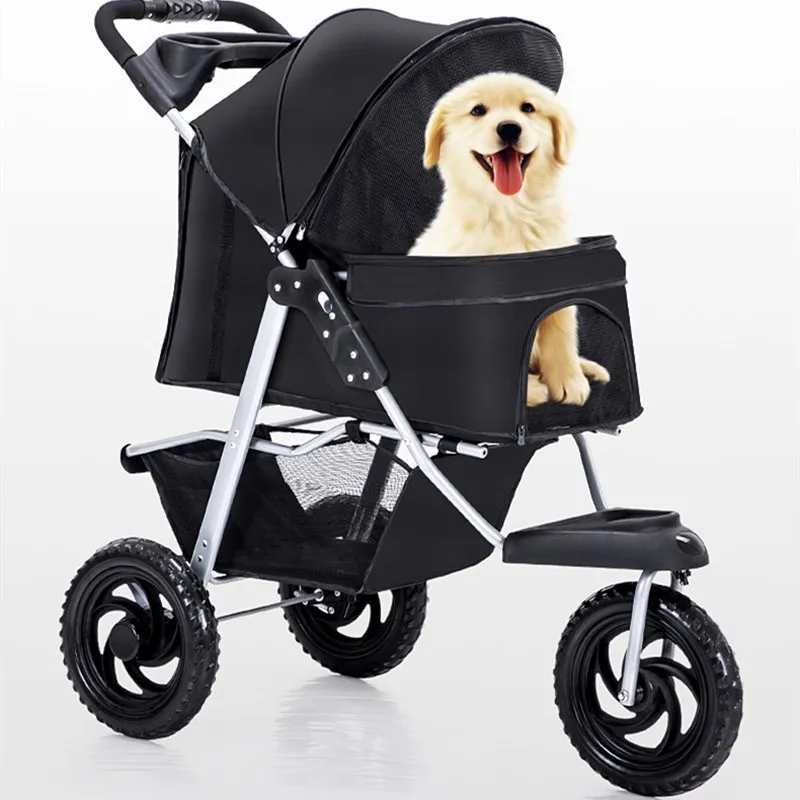 Carrinho de transporte para cães dobrável de grande espaço, fácil de transportar, viagem com 3 rodas, material oxford sólido, fecho com zíper