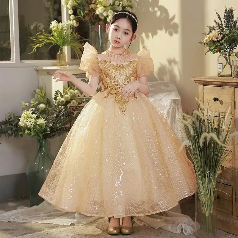 

Kids Birthday Party Dresses for Little Girl Size 2 To 12 Years Prom Sequin Dress Luxury Gowns champagne Evening Formal Frock