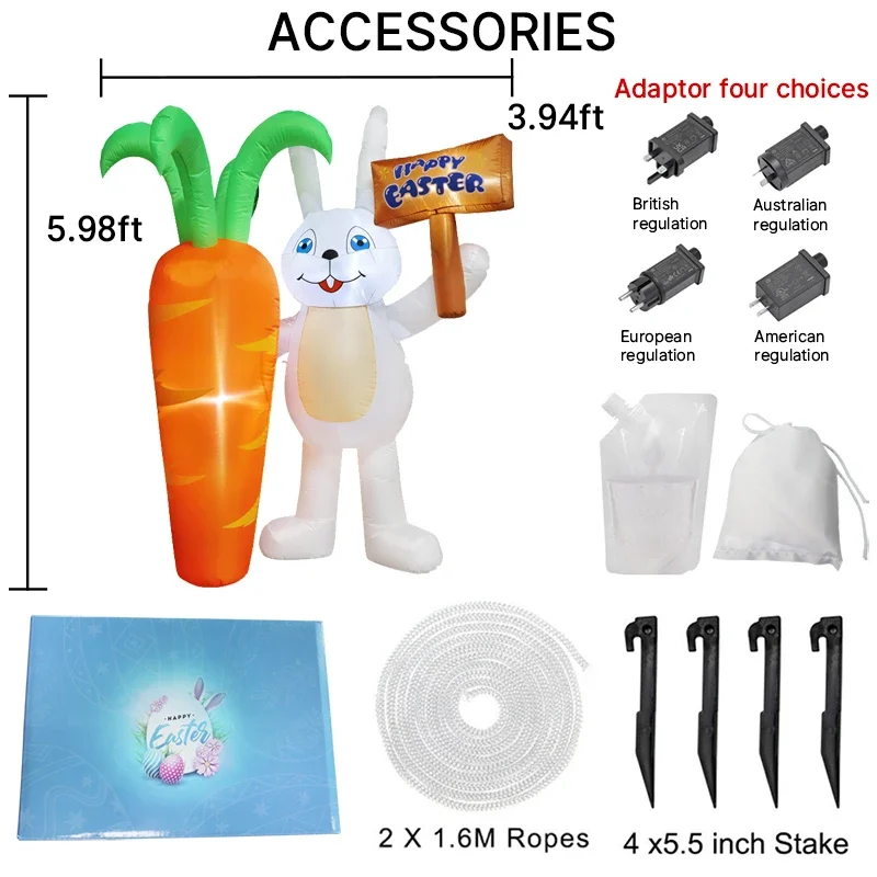 6FT Happy Easter Inflatable Rabbit with Carrot Road Signs Decor Glowing LED Lighted Airblown Yard Ornament  Holiday Decorations