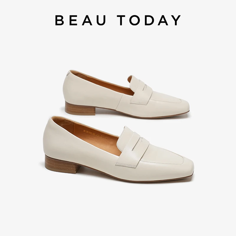 

BEAUTODAY Loafers Women Sheepskin Leather Square Toe Solid Color Sewing Outdoor Casual Shoes Female Handmade 26354