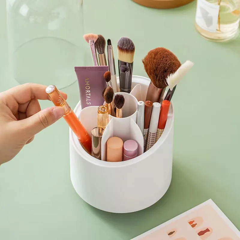 Multifunction 360° Rotating Pen Holder Pencil Makeup Brush Bucket Dust-proof Cosmetic Storage Box Compartment Desktop Organizer